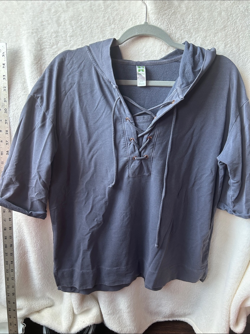 Green tea Lace-Up Hoodie Shirt short sleeve large in Slate Blue